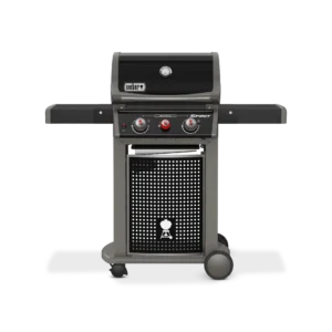 Barbacoa de gas con dos quemadores y ruedas.