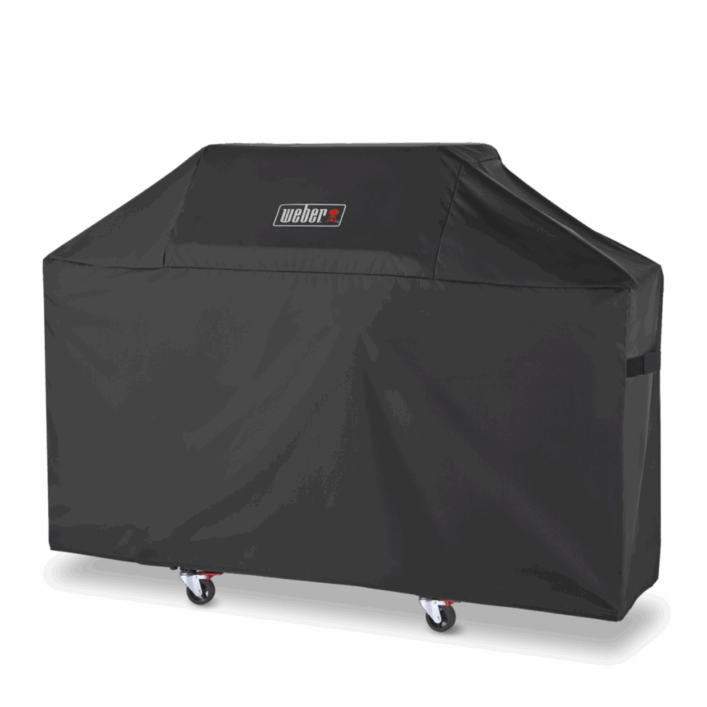 Funda protectora negra para barbacoa con ruedas.
