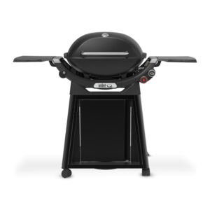 Barbacoa de gas negra con ruedas y estantes.