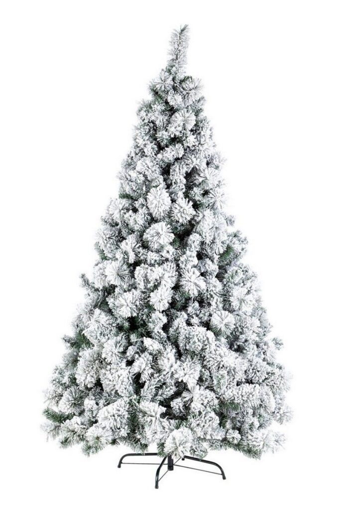 Árbol de Navidad nevado sobre soporte metálico