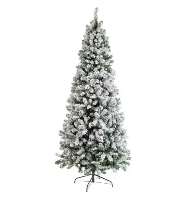 Árbol de Navidad nevado artificial con soporte metálico.