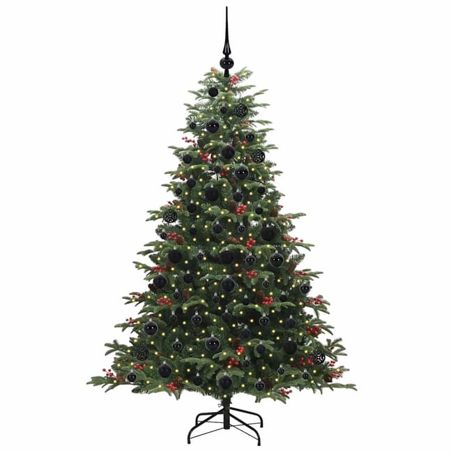 Árbol de Navidad decorado con luces y esferas negras.