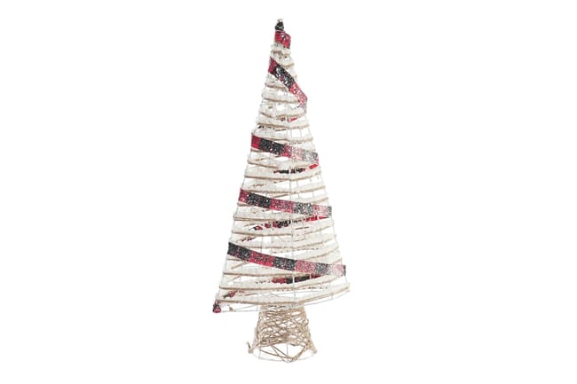 Árbol navideño decorativo con cinta roja y negra.