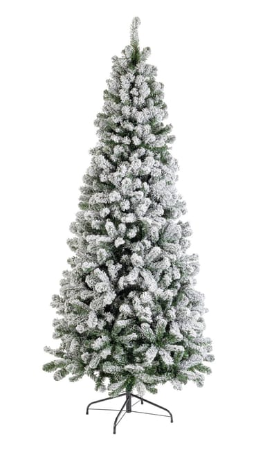 Árbol de Navidad nevado con soporte metálico.
