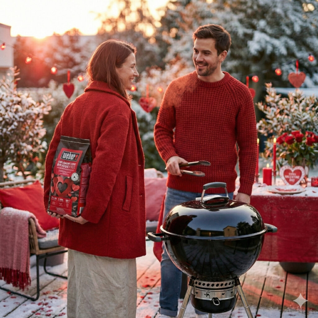Pareja cocinando en barbacoa en un jardín nevado.