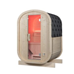Sauna exterior de madera con puerta de cristal