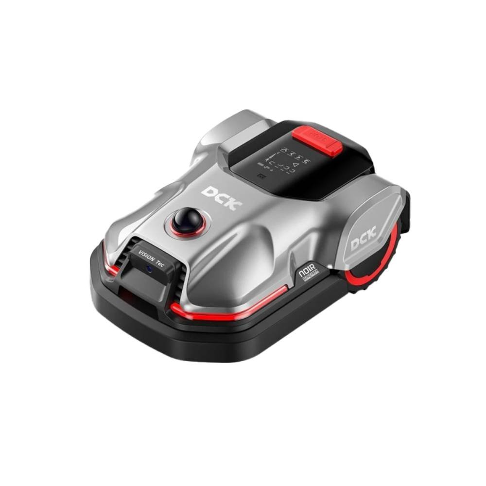 Robot cortacésped automático gris con detalles rojos